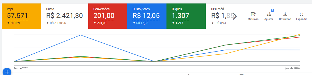 Painel do Google Ads mostrando 201 ações de contato pelo WhatsApp
